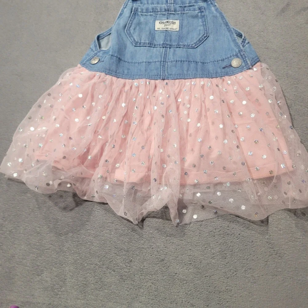 OshKosh B'gosh Jumper Dress Girls 24M Blue‎ Pink Denim Tulle Glitter Polka Dot